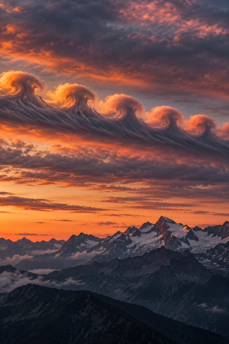 Mountains sunset sky clouds waves horizon snow nature reflection shadows atmosphere weather geography scenery outdoors The image captures a breathtaking sunset over a mountainous landscape. The sky is awash with vibrant hues of orange, pink, and purple, transitioning into deeper blues and grays as it ascends. The clouds are uniquely shaped, resembling waves, adding a dynamic and almost surreal quality to the scene. Below the clouds, a range of snow-capped mountains stretches across the horizon, their peaks catching the last light of the sun. The mountains are rugged and majestic, with some parts shrouded in mist, enhancing the sense of depth and grandeur. The overall atmosphere is serene and awe-inspiring, showcasing nature's beauty at its finest.