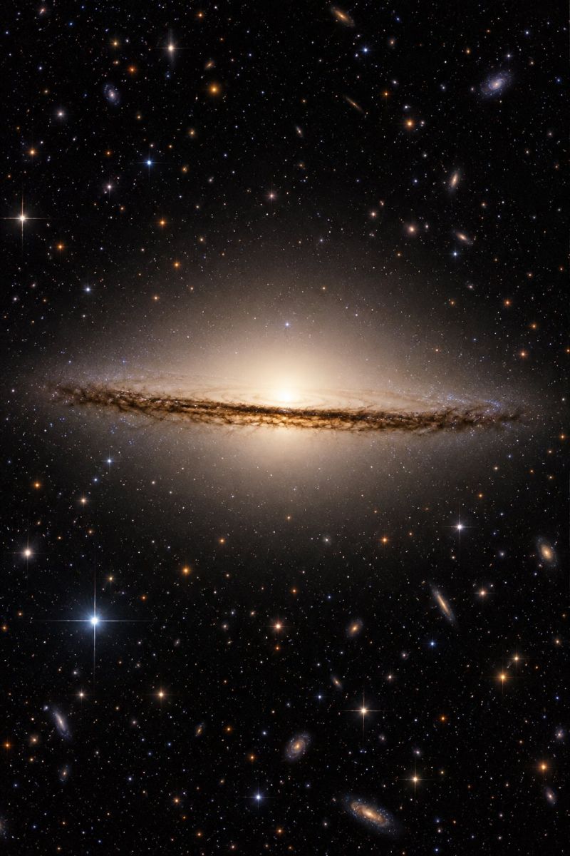 Espace galaxie univers astronomie cosmique etoile celeste cosmologie astrophysique galactique observation etoiles nuit ciel amoureux passionne L'image montre une galaxie spirale dotée d'un noyau brillant et allongé et de bras tourbillonnants remplis d'étoiles. La galaxie est entourée d'un fond spatial sombre et profond, parsemé de nombreuses autres galaxies et étoiles. Le noyau central de la galaxie est particulièrement brillant, avec une teinte jaunâtre, et il est entouré d'un halo d'étoiles. Les bras de la galaxie sont sombres et semblent être composés de nombreuses étoiles, certaines zones étant plus lumineuses que d'autres. L'image globale est une représentation époustouflante de l'immensité et de la beauté de l'univers.