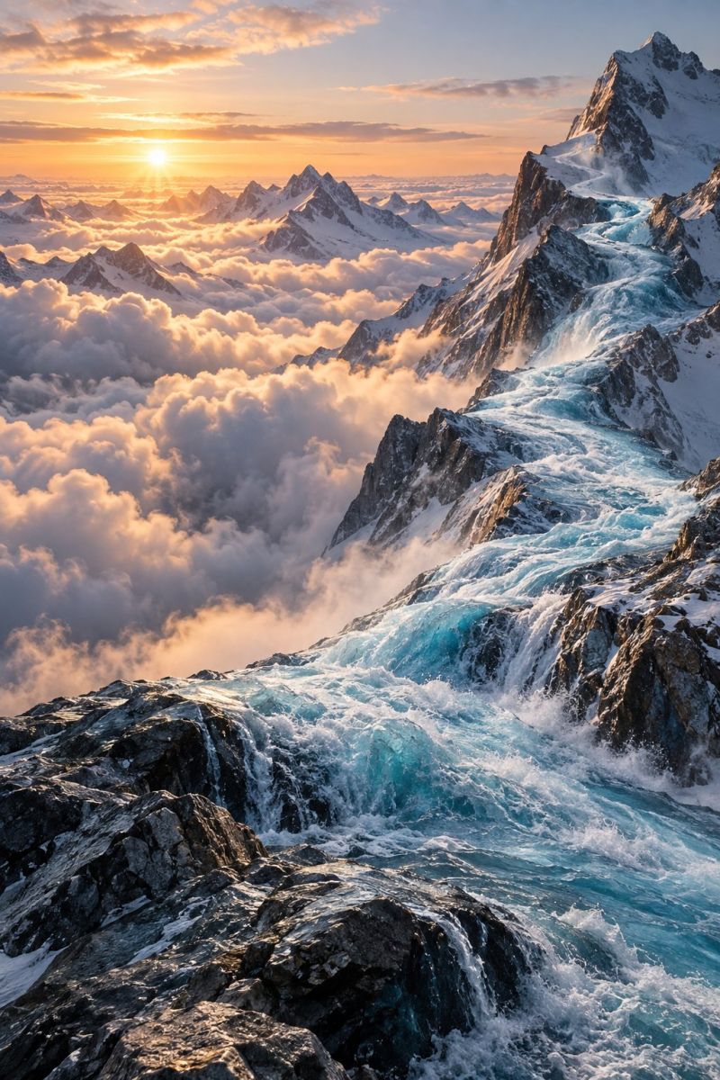 Montagne eau ciel soleil nuage roche neige glacier glace riviere cascade nature horizon coucher reflet brouillard aire repartition vue aérienne époustouflante d'un paysage montagneux au coucher du soleil. Le soleil se couche à l'horizon et projette une lumière chaude et dorée sur la scène. Les montagnes sont accidentées et majestueuses, avec des sommets enneigés et des pentes abruptes. Une rivière ou un ruisseau d'eau bleue glacée dévale le flanc de la montagne et se fraie un chemin à travers les rochers. L'eau semble s'écouler rapidement, créant une mousse blanche et mousseuse lorsqu'elle tombe en cascade. Le ciel est un mélange de teintes orange, rose et bleu, avec des nuages épars qui ajoutent de la profondeur et de la texture à la scène. L'atmosphère générale est sereine et impressionnante, capturant la beauté et la puissance de la nature.