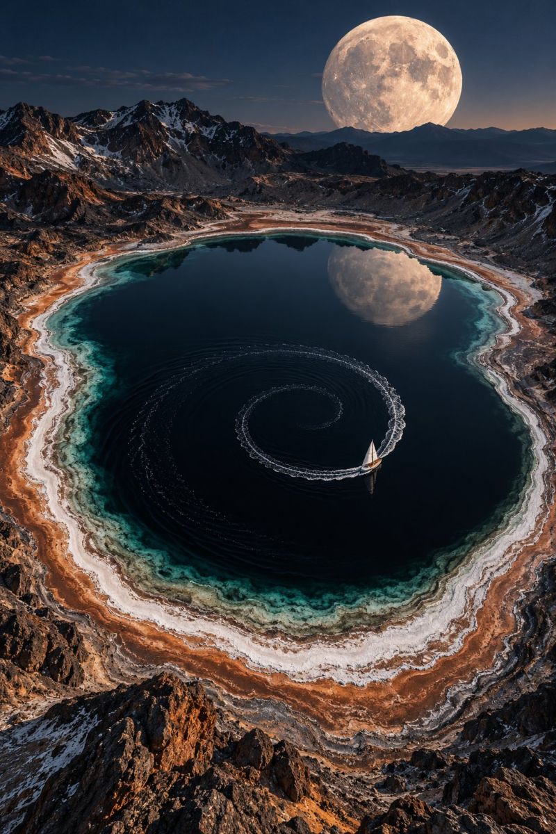 Bateau desert lac reflet voile pittoresque coucher soleil sentier eau vagues aerien calme circulaire lointain montagnes lune dore heure montagne chain Au centre de l'image, un voilier navigue sur une trajectoire circulaire sur un lac bleu foncé. Le lac est entouré d'un rivage rocheux parsemé de dépôts de sel blanc. L'eau reflète la pleine lune, qui est également visible dans le ciel au-dessus des montagnes. Les montagnes sont accidentées et couvertes de neige, avec un ciel bleu clair au-dessus d'elles. La scène est illuminée par la lumière vive de la lune, projetant des ombres et créant une atmosphère sereine et mystique.