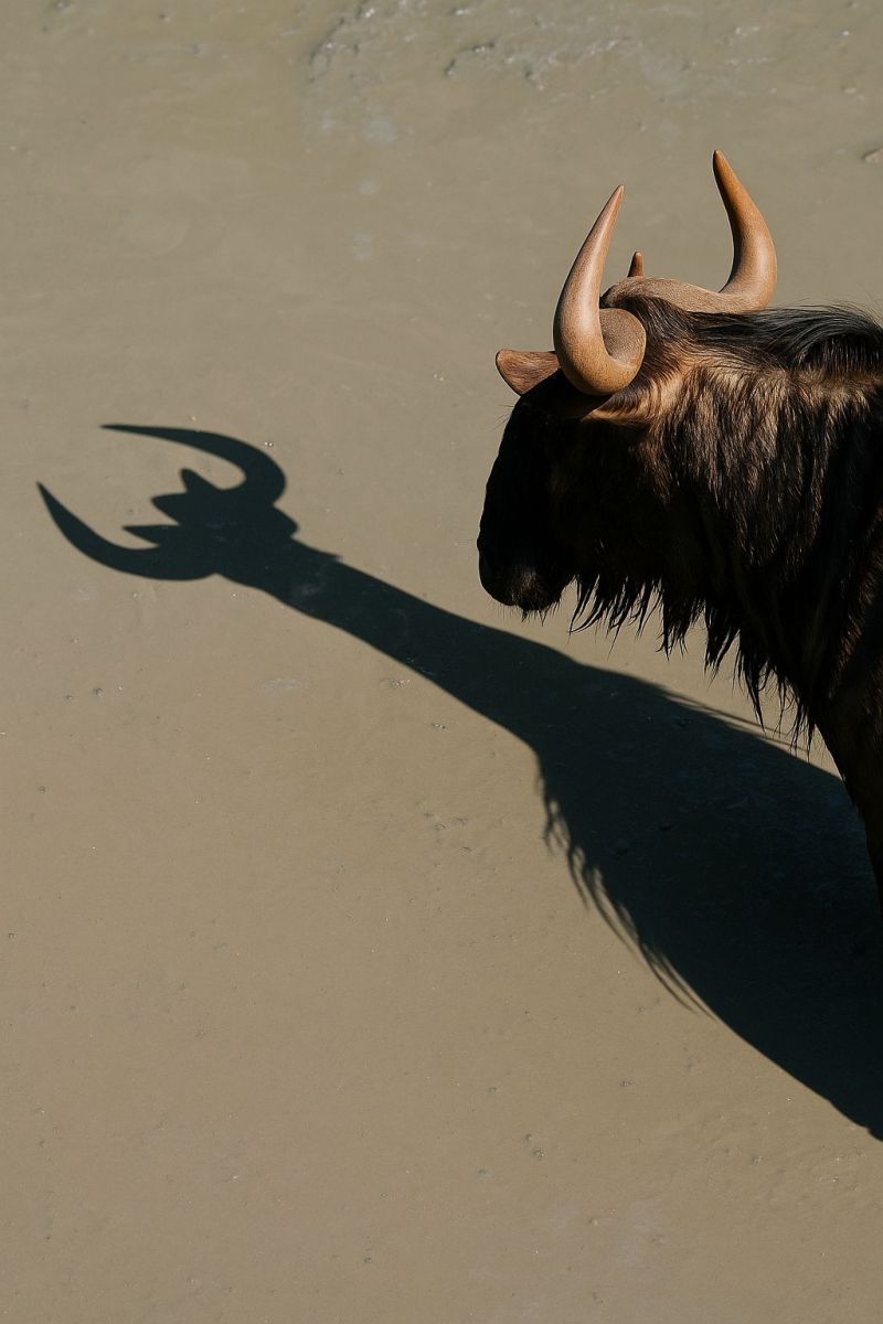 Animal wildlife nature wildebeest standing on sandy ground. The wildebeest has a robust, muscular build with a thick, shaggy coat of dark brown fur. Its horns are large and curved, pointing upwards and outwards. The wildebeest's head is turned slightly to the left, and its shadow is cast on the ground to the left of its body, creating a dramatic effect. The shadow is elongated and pointed, resembling a spear or a crescent moon. The ground is sandy and appears to be a natural habitat for the wildebeest.