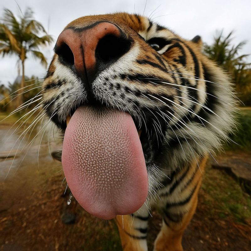 Tigre gros langue animal vie sauvage zoo voie disparition mammifere felin nature habitat conservation safari carnivore predateur raye pattes moustache Une vue rapprochée du visage d'un tigre avec sa langue qui dépasse. La langue du tigre est rose et texturée, et ses yeux sont fixés sur quelque chose devant lui. Les moustaches du tigre sont longues et blanches, et sa fourrure est un mélange de rayures orange et noires. L'arrière-plan est flou, avec des arbres et un sol humide visibles.
