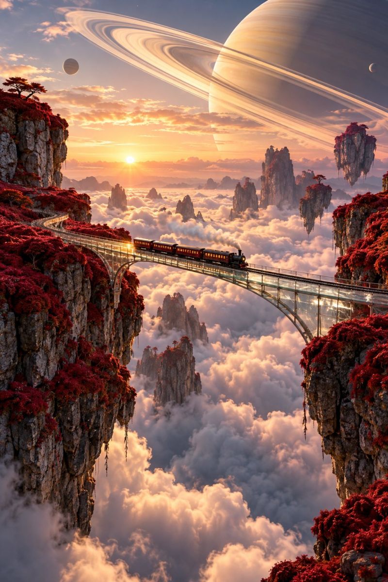 Pont nuages fantastique fictif colline imaginaire montagne planete chemin fer rouge roche ciel vapeur coucher soleil train transport voyage Un train circule sur un pont au-dessus des nuages, avec des falaises rocheuses de chaque côté ornées de plantes rouges. Le ciel est rempli de nuages et le soleil se couche derrière une grosse planète aux anneaux, projetant une lueur chaude. Au loin, une planète plus petite et une lune sont visibles. La scène se déroule sur fond de ciel vaste et ouvert.