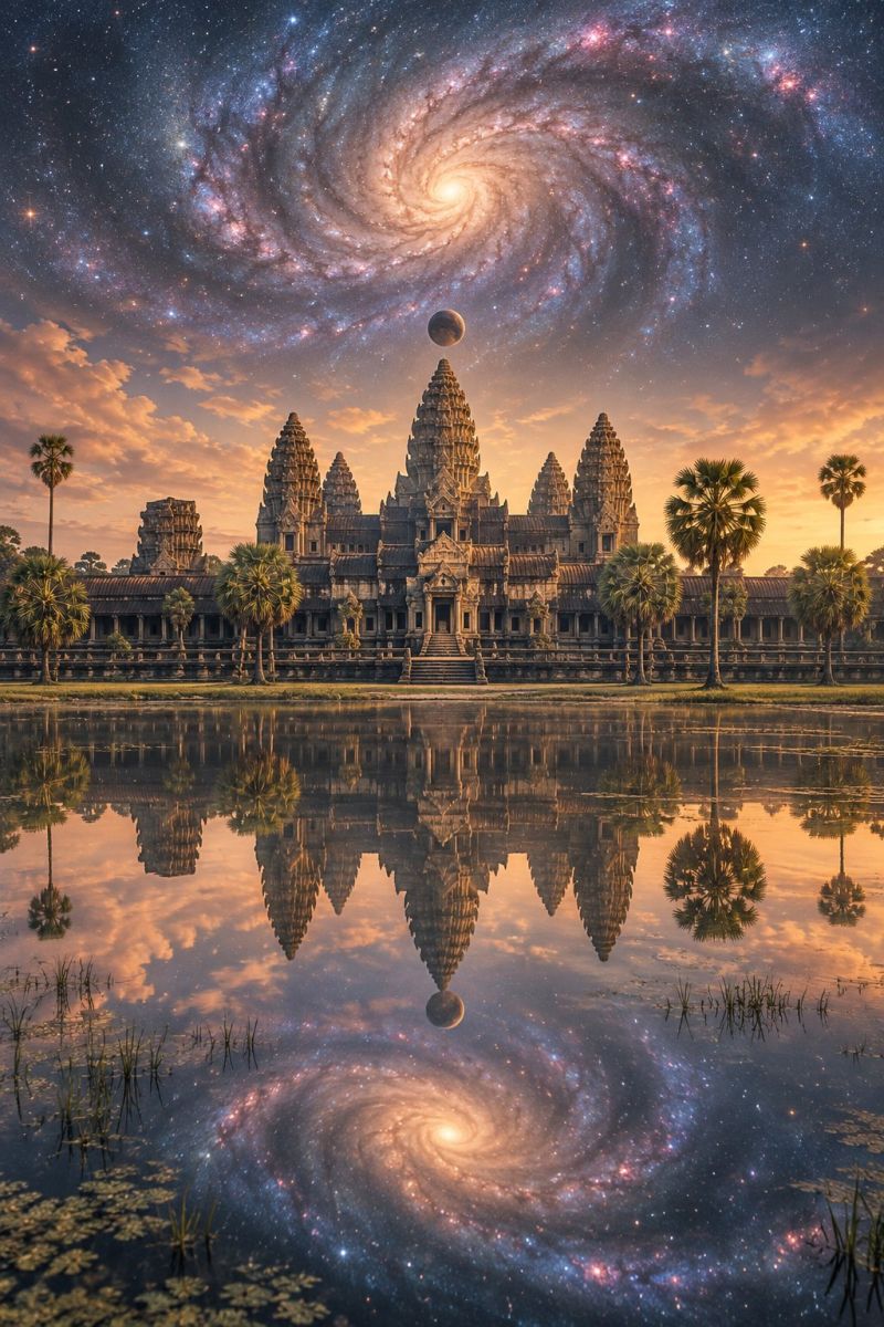 Temple architecture reflection water sky galaxy night building sunset clouds cosmos palm trees majestic temple, likely Angkor Wat, set against a back of a stunning sunset. The temple's silhouette is prominently displayed, with its towers and spires reaching towards the sky. The sky is a vibrant mix of orange, pink, and purple hues, creating a breathtaking sunset scene. In the foreground, a serene body of water reflects the temple and the sky, adding a mirror-like effect to the composition. The water is calm, with gentle ripples and reflections of the temple and sky. Palm trees line the sides of the temple, adding a touch of tropical greenery to the scene. The overall atmosphere is one of tranquility and awe, capturing the beauty of the temple and the natural world in a harmonious blend.
