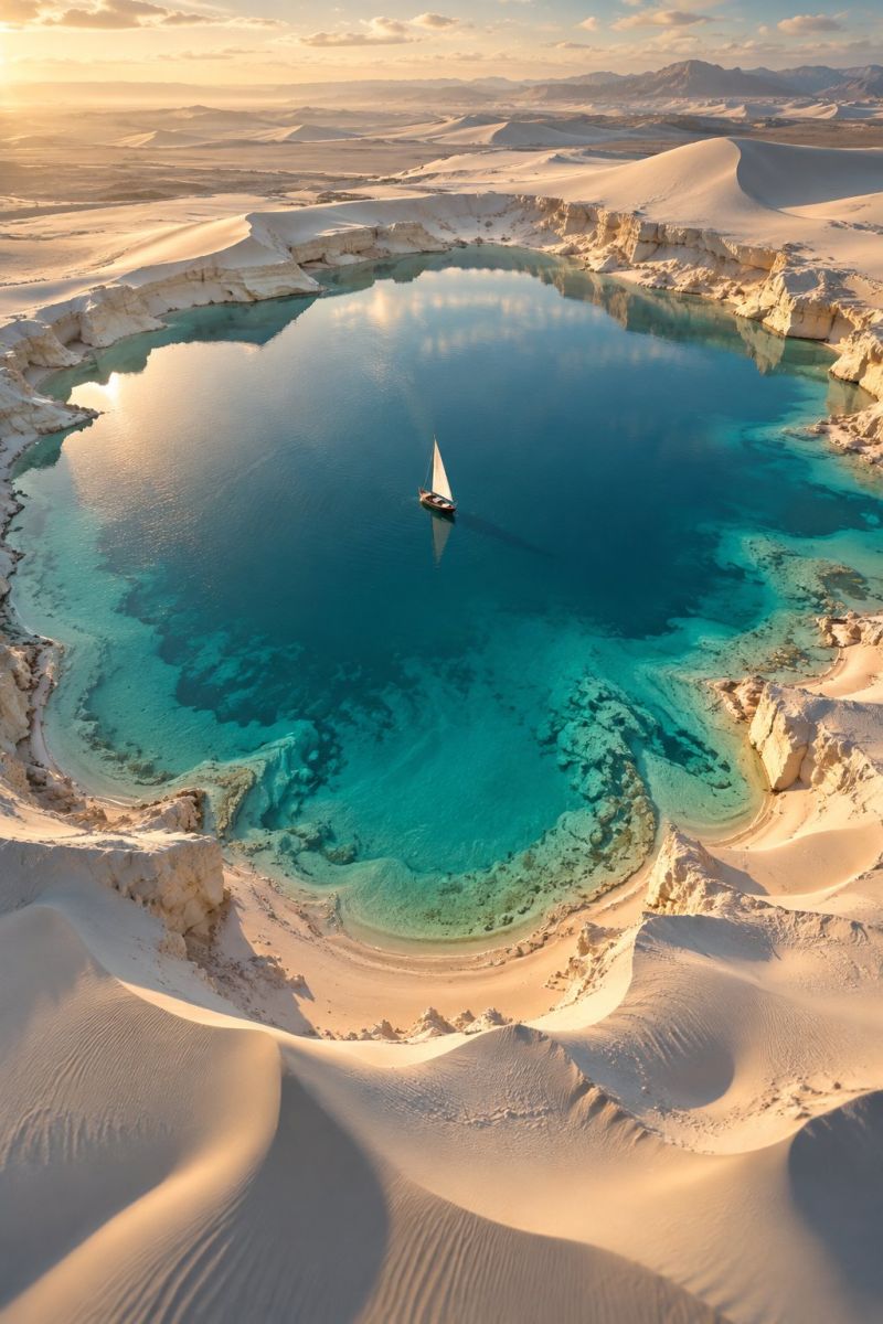 Aerien plage bateau calme clair desert dunes lagon lac ocean reflet sable pittoresque mer marin coucher soleil tranquille eau un voilier navigue sur un lac circulaire serein entouré de vastes dunes de sable blanc. L'eau du lac est d'un bleu profond, reflétant le ciel et les nuages au-dessus. Les dunes de sable sont grandes et ondulées, créant un contraste saisissant avec l'eau calme. Le soleil se couche au loin, projetant une lumière chaude et dorée sur la scène. Le ciel est partiellement nuageux, ce qui contribue à l'atmosphère paisible. Le cadre général est un mélange saisissant d'eau, de sable et de ciel, créant un paysage pittoresque et serein.