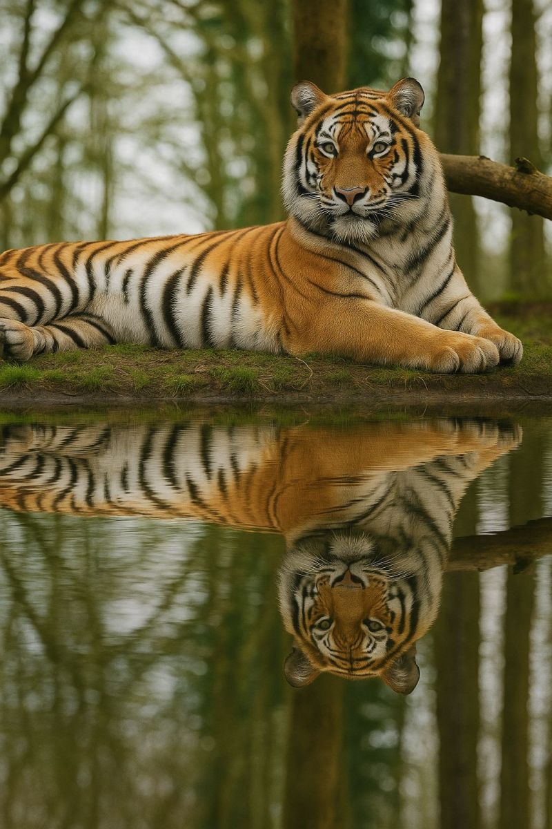 Tigre reflexion faune nature animal mammifere foret predateur felin sauvage danger conservation habitat jungle carnivore rayures pattes regard grand Un tigre est allongé au bord d'une berge herbeuse près d'un plan d'eau calme, son reflet se mirant dans l'eau. Le tigre a un pelage épais et doré avec des rayures noires, et ses yeux sont vigilants et concentrés. L'eau reflète l'image du tigre, créant un effet symétrique. Derrière le tigre, il y a de grands arbres à feuillage dense, et l'arrière-plan est légèrement flou, suggérant un cadre forestier. La scène est sereine, avec le tigre apparaissant calme et à l'aise.