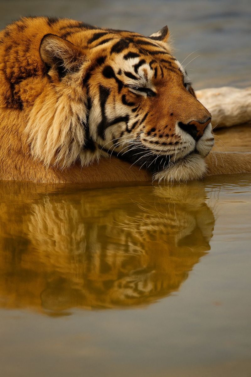Tigre faune nature animal mammifere felin predateur safari conservation jungle habitat relaxant endormi eau reflet air grand chat espece menacee Un tigre majestueux repose dans un plan d'eau serein, peut-être une rivière ou un lac. La fourrure du tigre est d'un orange riche et chaud avec de bold rayures noires, et il a une tache blanche sur sa poitrine. Ses yeux sont fermés, et il semble dormir paisiblement. La tête du tigre repose sur un grand rocher lisse, et son corps est partiellement immergé dans l'eau. L'eau reflète l'image du tigre, créant un effet de miroir. L'arrière-plan est d'un bleu doux et doux, suggérant un cadre tranquille et naturel.