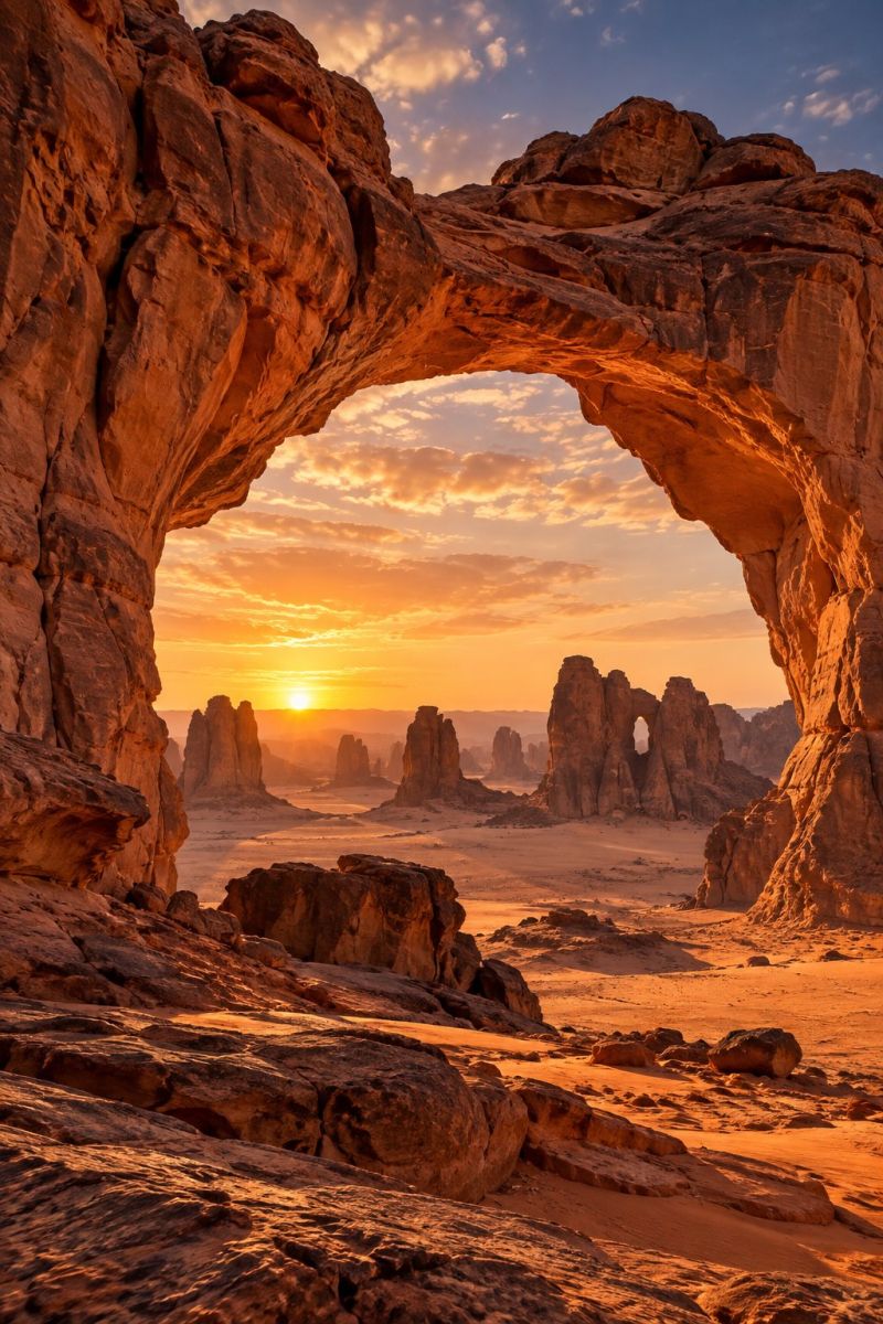 Desert sunset sky rock arch rocky formation cliff The image captures a breathtaking desert landscape at sunset. Through a natural rock arch, the sun is setting on the horizon, casting a warm, golden light across the scene. The sky is a mix of deep blue and soft orange hues, with scattered clouds adding texture. The foreground is filled with rugged, reddish-brown rocks and sand, creating a dramatic contrast with the vibrant sunset. In the distance, more rock formations rise from the desert floor, their silhouettes sharply defined against the glowing sky. The overall atmosphere is serene and majestic, highlighting the beauty of nature's raw power.