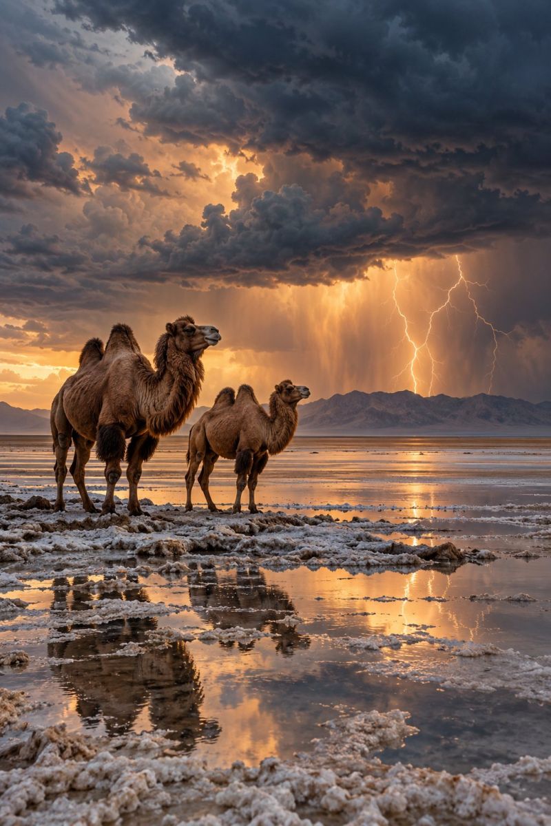 Chameaux desert tempete foudre faune nature coucher soleil reflet eau montagnes air aventure exploration animaux mammiferes environnement ecosysteme trois chameaux sont debout au bord d'un paysage vaste, plat et sec, peut-être désertique. Les chameaux sont de tailles différentes, le plus gros étant à l'avant, et ils sont orientés dans la même direction. Le ciel au-dessus est sombre et nuageux, avec un éclair qui frappe le sol au loin. Le soleil se couche, projetant une lueur chaude sur les chameaux et les environs. Le sol est recouvert de dépôts de sel blanc et les chameaux et le ciel se reflètent dans l'eau. À l'arrière-plan, il y a des montagnes.