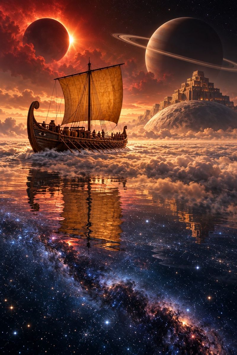Boat space sky planet universe cosmos star astronomy galaxy cloud water reflection night travel exploration celestial outer An ancient Viking ship sails through a surreal landscape, with a golden sail billowing in the wind. The ship is filled with people, some standing at the bow, others rowing. The scene is set against a back of celestial bodies: a large planet with rings, a smaller planet with a castle-like structure, and a fiery sun. The sky is a mix of orange and pink hues, with clouds and stars scattered throughout. The water reflects the vibrant colors of the sky and the celestial bodies, creating a mirror-like effect.