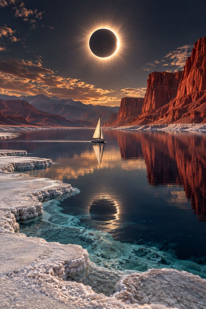Bateau lac eau reflet roche montagne ciel soleil nuages ombre lever coucher mer ocean marin nature air eclipse scène sereine et dramatique d'une éclipse solaire totale. Au premier plan, il y a un plan d'eau calme sur lequel navigue un voilier. L'eau reflète le ciel et le paysage environnant, y compris la silhouette du voilier. Le ciel est d'un bleu profond avec quelques nuages épars, et le soleil est presque complètement masqué par la lune, créant un anneau de lumière connu sous le nom d'effet « bague en diamant ». Le littoral est rocheux et accidenté, avec des falaises brun rougeâtre et des montagnes en arrière-plan. L'atmosphère générale est paisible et impressionnante, capturant la beauté d'un événement céleste rare.