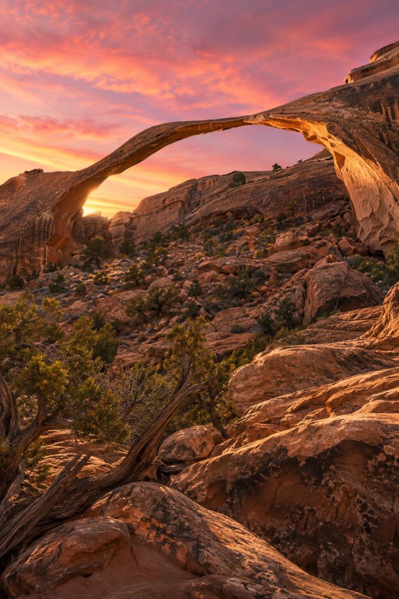 Rock rocky formation cliff The image captures a breathtaking sunset over a rugged desert landscape. The sun is setting behind a large, natural rock arch, casting a warm, golden glow across the scene. The arch, made of reddish-brown rock, curves gracefully and is partially illuminated by the setting sun, creating a dramatic silhouette. Below the arch, the landscape is dotted with scattered rocks and sparse vegetation, including small shrubs and trees. The sky is a blend of deep purples and pinks, with wispy clouds adding texture to the evening sky. The overall mood is serene and majestic, highlighting the beauty of nature at dusk.