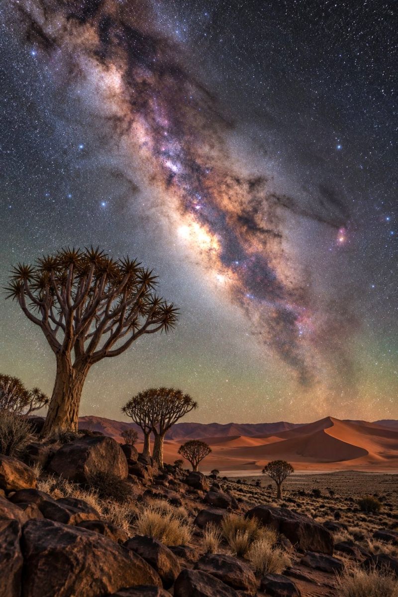 Desert night sky stars tree rock mountain nature cloud sand hill grass plant horizon sunset dusk astronomy desert landscape under a night sky filled with stars. The Milky Way galaxy is prominently visible, stretching across the sky with a mix of dark and light areas. The foreground shows a group of unique, spiky trees with a few scattered rocks and patches of dry grass. The sky transitions from dark blue to a lighter hue near the horizon, indicating the presence of a setting sun or the beginning of dawn. The overall scene is serene and vast, with the stars and galaxy creating a sense of wonder and scale.