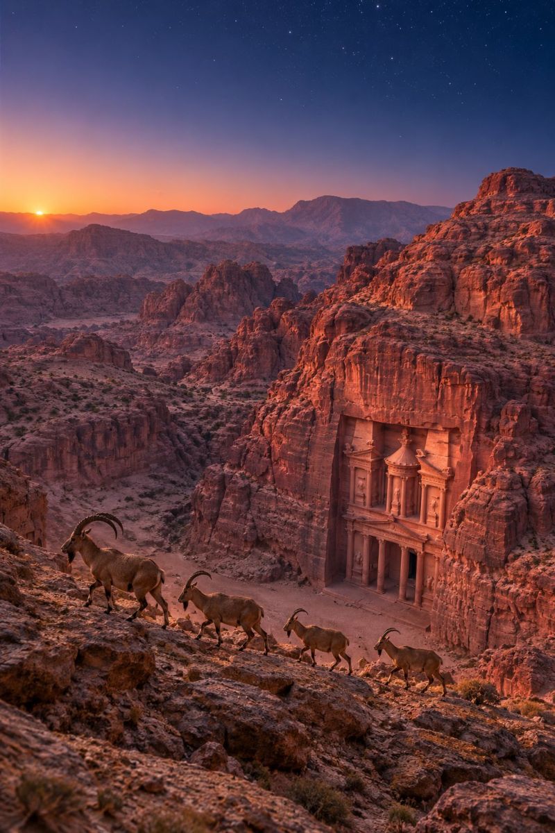 Desert mountain rock sun sky sunset nature outdoors travel adventure wildlife animal goat cliff valley architecture building ruin temple a group of goats are walking on the rocky terrain of a mountain. The goats are of different sizes and colors, with some having horns. The mountain is covered with rocks and has a large rock formation in the middle. The sky is blue with a few stars, and the sun is setting in the distance, casting a warm glow on the mountain. The mountain range is in the background, and the sun is setting behind it.