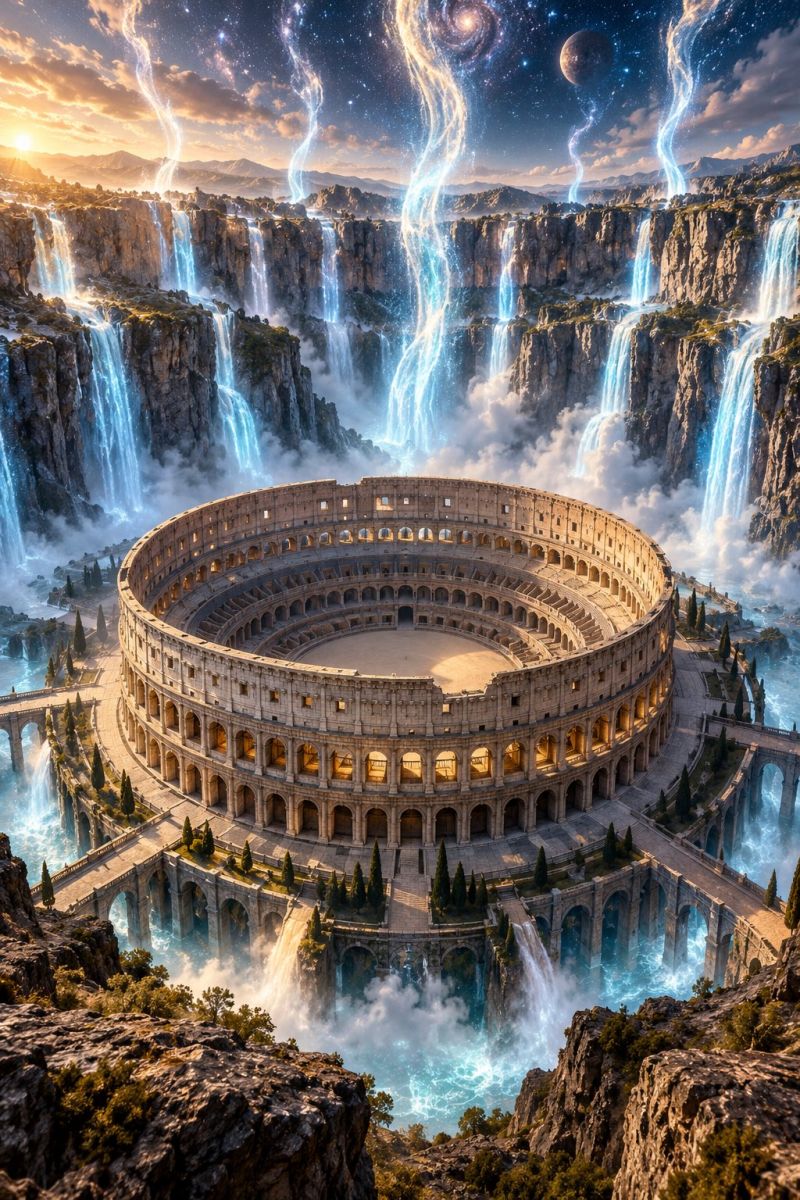 Ancient architecture arena bridge building city classical colosseum construction ruins temple theater theatre town village site worker surreal scene featuring the ancient Colosseum in Rome, surrounded by cascading waterfalls. The Colosseum is depicted in a circular, amphitheater-like structure with arches and columns, set against a back of a mountainous landscape. Waterfalls flow down from the cliffs, creating a misty, ethereal atmosphere. The sky above is a blend of orange and blue hues, suggesting either a sunset or sunrise, with a few celestial bodies visible, including a planet and a galaxy. Lightning bolts arc across the sky, adding a dramatic and otherworldly touch to the scene.