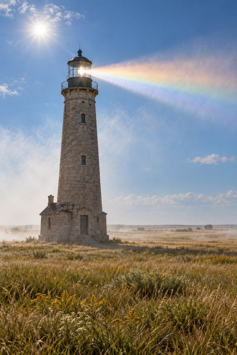 Lighthouse beam rainbow sun sky fog grass field building tower architecture nature outdoors daytime summer weather atmosphere A tall lighthouse stands in the middle of a vast, grassy field under a clear blue sky. The lighthouse is made of stone and has a black lantern room at the top, from which a bright light is shining, creating a rainbow effect in the mist. The sun is shining brightly in the sky, and the light from the lighthouse is casting a long shadow over the field. The field is filled with tall grass and small plants, and in the distance, there are some trees and bushes.