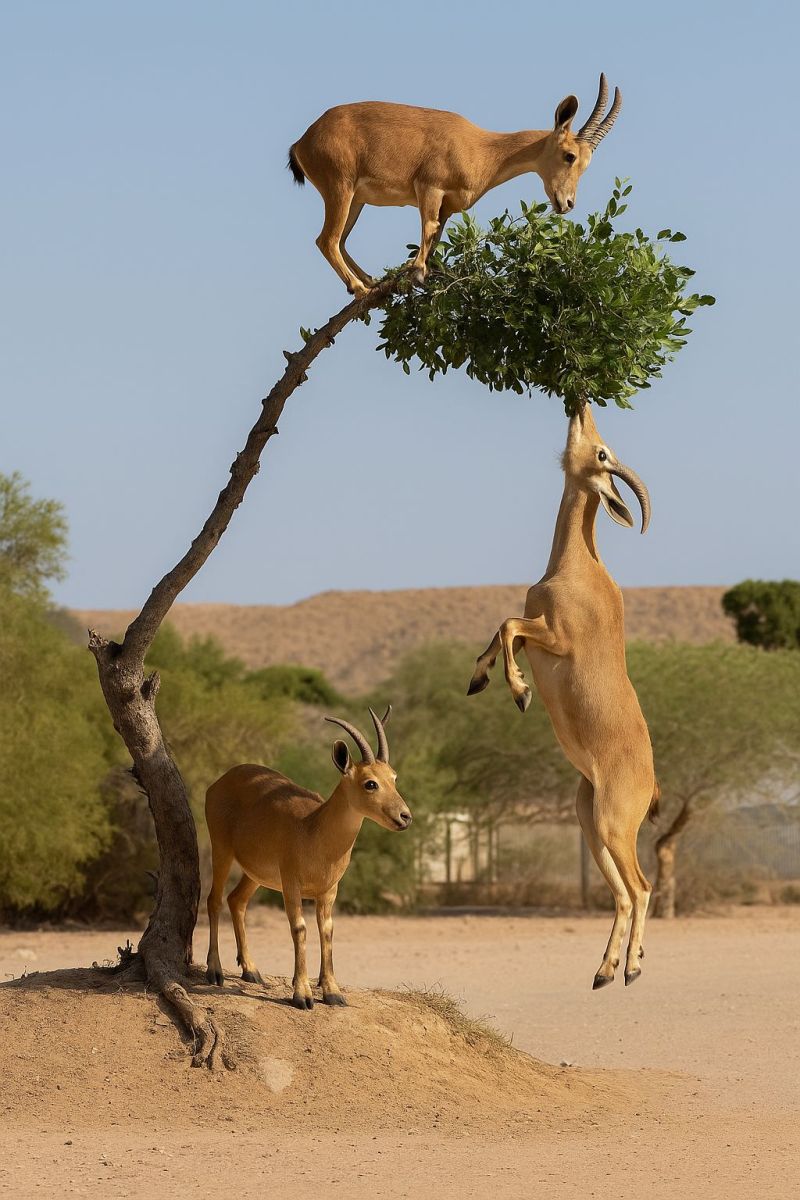Animaux faune desert nature air mammiferes gazelle sautant bondissant branche arbre vegetation soleil ciel sol terre colline montagnes distance Deux gazelles sont dans un environnement semblable à un désert. Une gazelle se tient au sol, face à gauche, tandis que l'autre gazelle saute et tend la main vers des feuilles sur une branche d'arbre. L'arbre est partiellement recouvert de feuilles vertes, et le sol est sablonneux avec quelques petites plantes. Le ciel est clair et bleu, et il y a plus d'arbres et de buissons au loin.