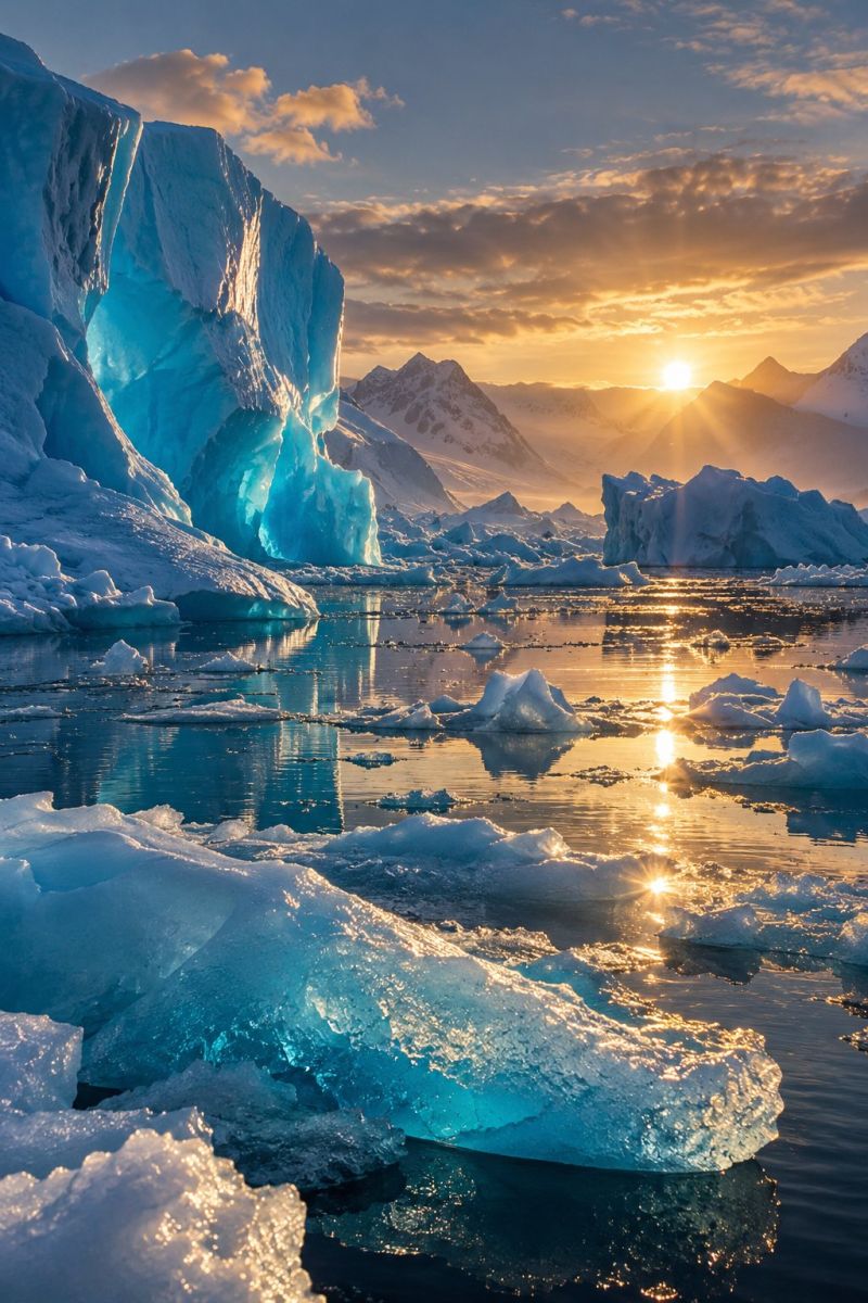 Icebergs bleus soleil polaire image photographie magnifique prise précise montrant les méfaits sauvage des activités humaines sur la biodiversité sur la icebergs bleus soleil polaire
