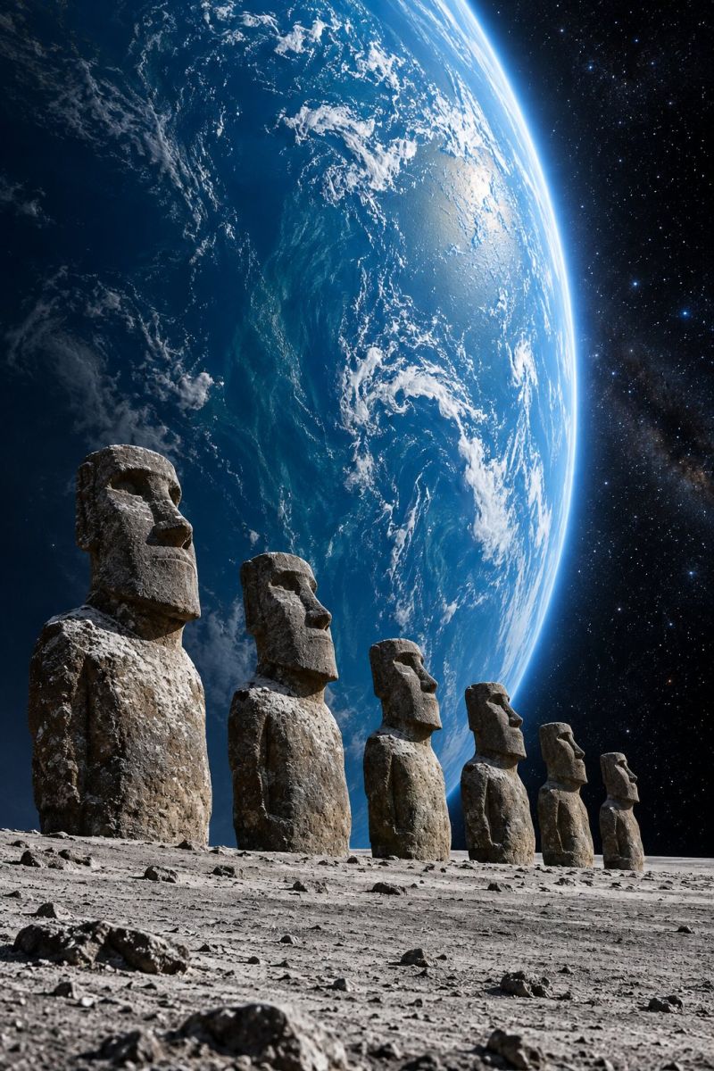 Statue sculpture ancient egypt greece history rome civilization architecture greek culture A row of stone statues, resembling the famous Moai of Easter Island, stands on a rocky surface. These statues have large, flat faces and are carved from stone. They are arranged in a line, facing the same direction. Behind them, the Earth is visible from space, showing a beautiful blue and white appearance with clouds and a starry sky. The Earth's surface is illuminated by sunlight, creating a serene and otherworldly atmosphere.