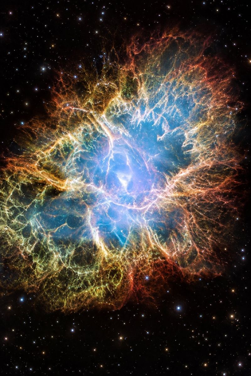 Nebula space galaxy star universe astronomy cosmic celestial astrophysics cosmology astronomical outer dust rays radiation microwave inflation horizon vibrant nebula, primarily composed of swirling clouds of gas and dust. The nebula is predominantly blue and yellow, with intricate, filamentary structures that radiate outward from a central point. These structures are highlighted with shades of orange and red, creating a dynamic and almost ethereal appearance. The central region of the nebula is a deep blue, suggesting a dense core. The background is dark, with scattered stars that add to the cosmic setting. The overall effect is one of a dynamic, colorful, and intricate cosmic landscape.