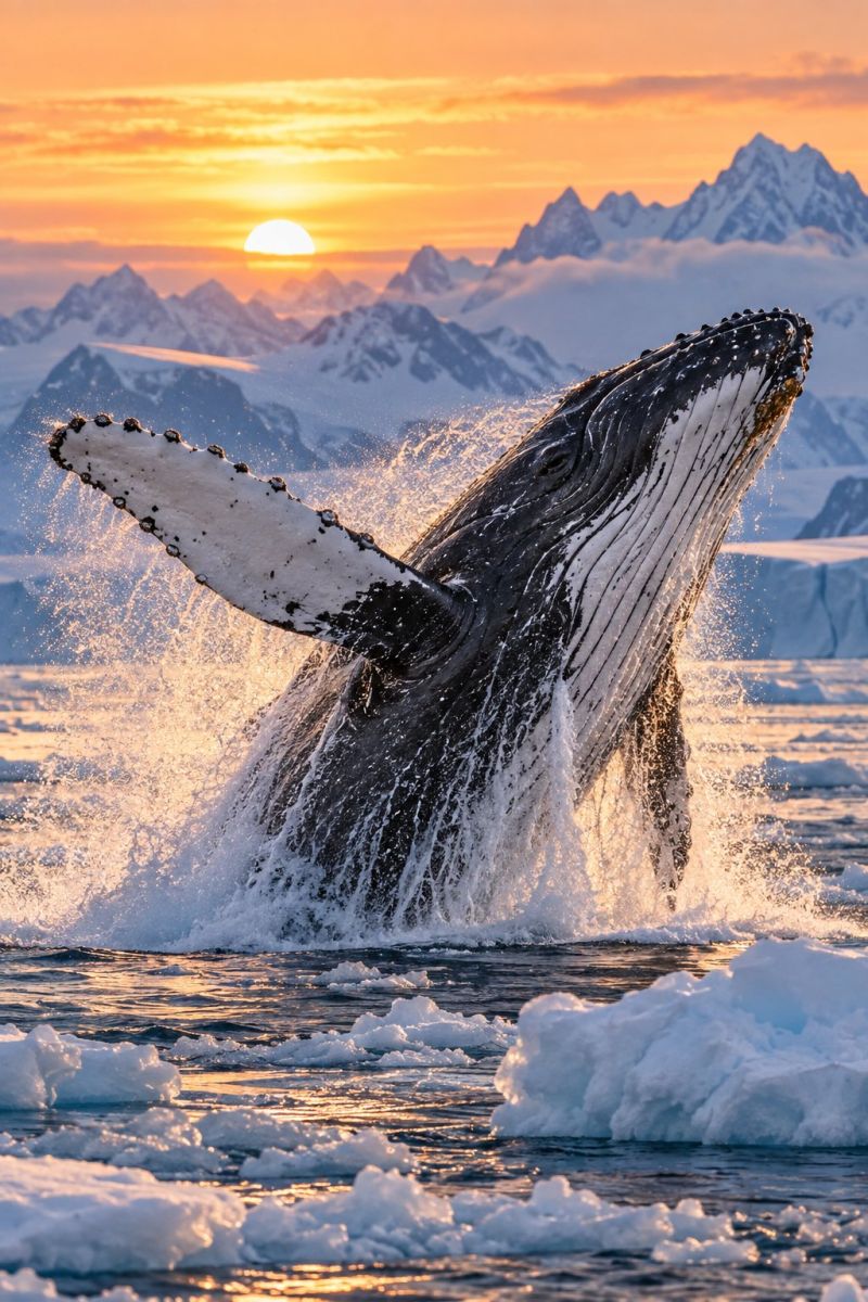 Baleine ocean eau mer animal nature faune mammifere marin rorqual bosse glace iceberg islande coucher soleil lever ciel montagne aventure Une baleine à bosse franchit la surface de l'eau, son corps massif et sa nageoire caudale étant visibles sur fond de soleil couchant. La nageoire caudale de la baleine est surélevée et de l'eau éclabousse tout autour d'elle. La scène se déroule dans un paysage spectaculaire avec des montagnes enneigées au loin, et le ciel est peint de teintes orange et rose dès le coucher du soleil. L'eau est calme, avec seulement quelques ondulations dues au mouvement de la baleine.