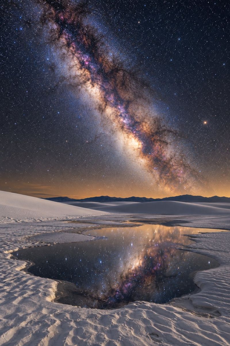 Night sky stars reflection water lake desert sand snow mountains horizon clouds nature astronomy milky way outer space breathtaking night sky filled with stars and the Milky Way galaxy. The Milky Way is prominently displayed, stretching across the sky with a mix of dark and bright areas, creating a stunning contrast. The reflection of the stars and the Milky Way is visible on a small body of water, adding to the serene and magical atmosphere. The sky is dark blue, and the stars are scattered throughout, with some appearing brighter than others. The Milky Way galaxy is visible in the upper part of the image, with its spiral arms and bright core. The landscape below the sky is a desert with sand dunes, adding to the sense of isolation and wonder. The overall scene is a beautiful and awe-inspiring display of the night sky and the natural world.