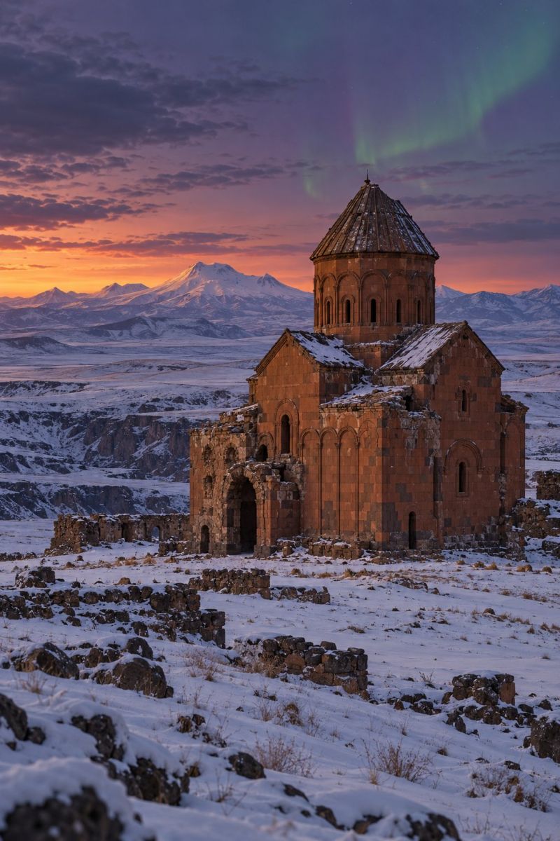 Eglise architecture neige montagne ciel batiment hiver nuit coucher soleil nuages rocher colline vallee desert aurore boreale nord Une ancienne église en pierre se dresse dans un paysage enneigé. Ses murs patinés et ses fenêtres cintrées témoignent de son importance historique. L'église est entourée de rochers épars et de plaques de neige, avec une chaîne de montagnes lointaine en arrière-plan. Le ciel est un mélange de teintes orangées et violettes dues au soleil couchant, et au-dessus, les aurores boréales illuminent le ciel d'une lueur verte.