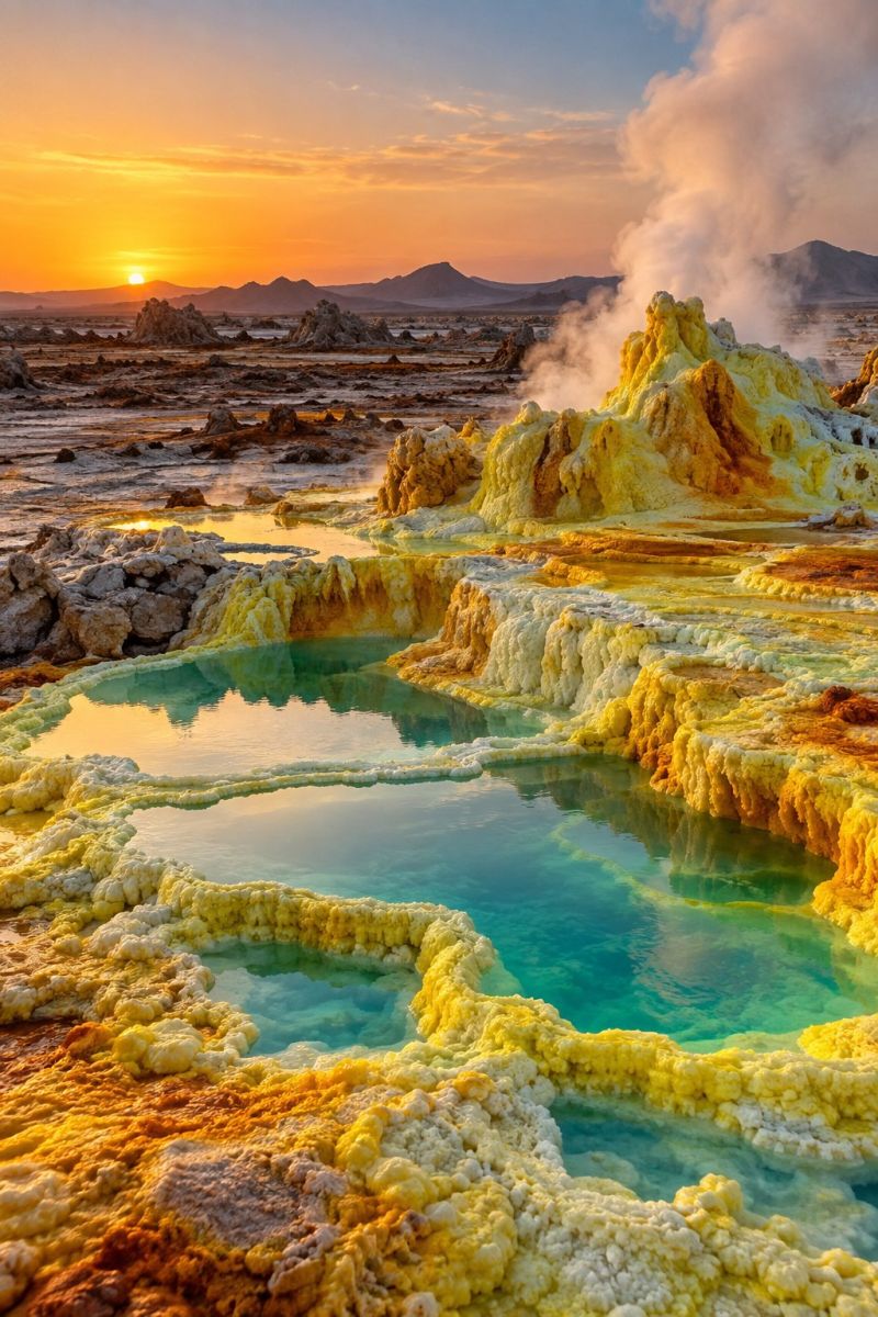 Geyser mineral pool rock sand scenic steam sun sunrise sunset thermal water yellow acid alkaline hot spring lake striking landscape at sunset, featuring a geothermal area with vibrant mineral formations. The sky is a deep orange and pink gradient, indicating the setting sun. In the foreground, there is a large, circular pool of water with a greenish hue, surrounded by a ring of yellow and white mineral deposits. These deposits have a frothy, foamy texture and are interspersed with patches of orange and brown. The water in the pool reflects the colors of the sky and the surrounding minerals. In the background, there are rocky outcrops and a mountain range, with the sun's rays casting a warm glow over the entire scene.