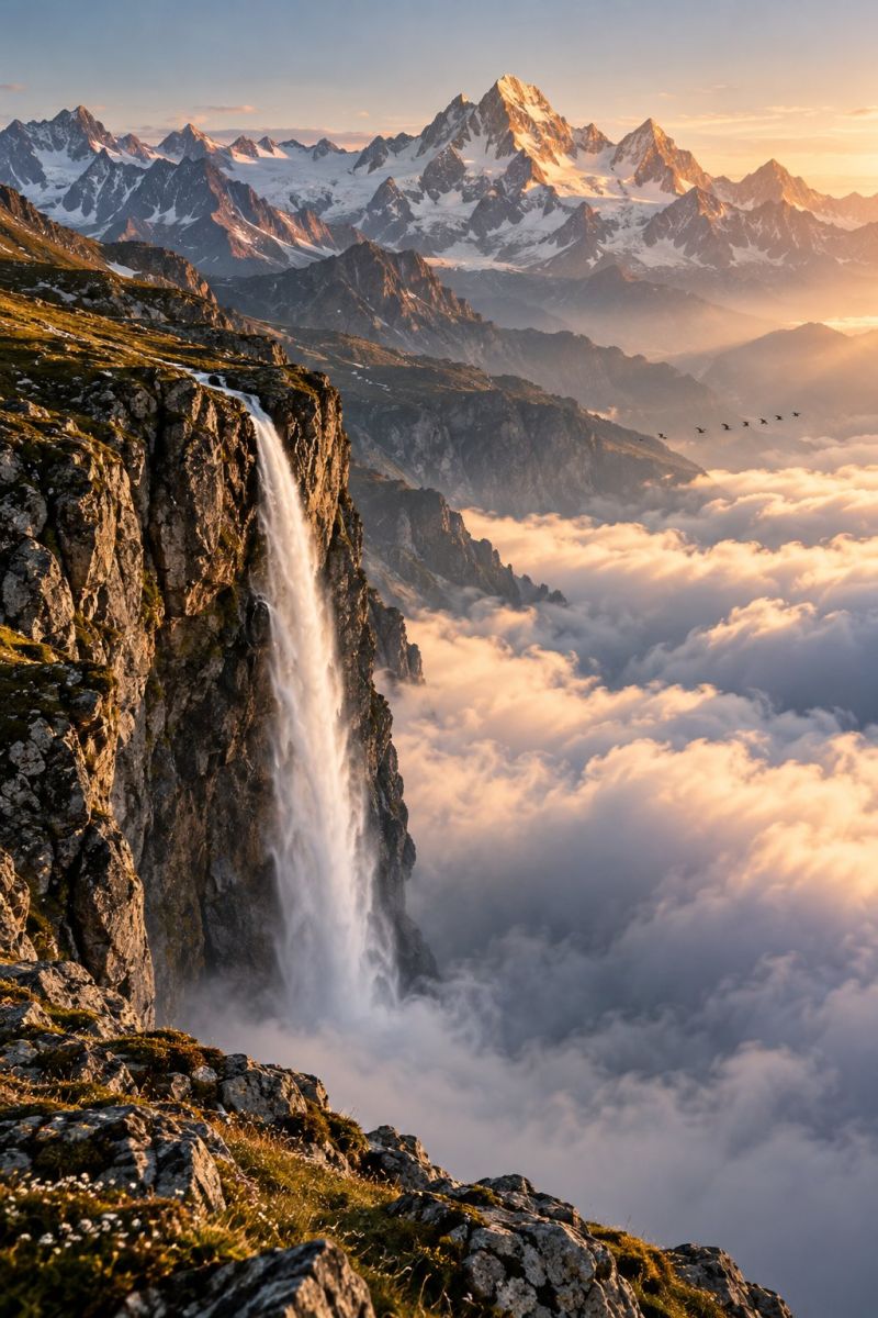 Montagne cascade falaise rocher nuage ciel soleil neige nature colline brouillard brume vallee crete sommet glacier chaine Une scène époustouflante d'une cascade dévalant une falaise rocheuse, entourée d'une mer de nuages. La cascade est un élément important, l'eau s'écoulant vigoureusement le long de la falaise. La falaise est accidentée et abrupte, avec des plaques d'herbe et de mousse accrochées aux rochers. En arrière-plan, une chaîne de montagnes majestueuse est partiellement recouverte de neige et ses sommets s'élèvent haut dans le ciel. Le ciel au-dessus est un mélange de teintes chaudes et dorées provenant du soleil couchant et des tons bleus froids du ciel du soir. La scène est encadrée par quelques oiseaux volant au loin, ce qui donne une impression d'échelle et de profondeur à l'image.