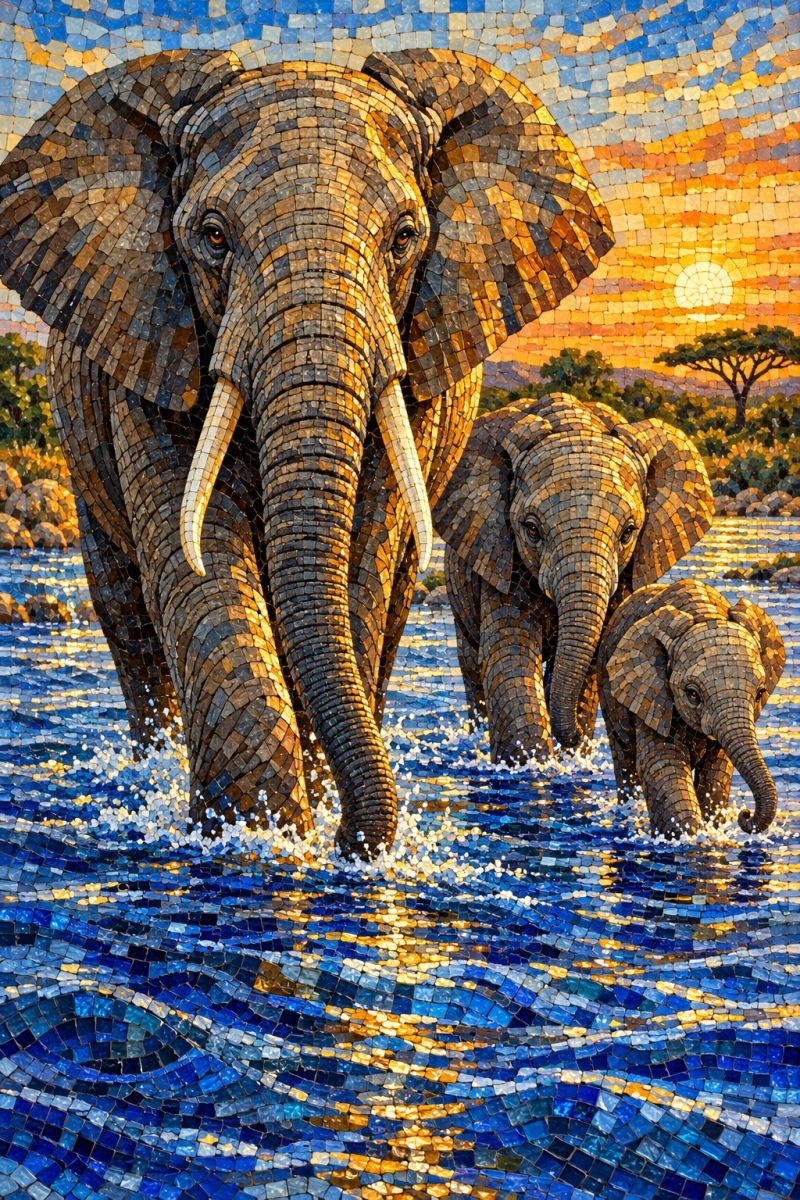 Elephant mosaique eau faune nature coucher soleil animal murale decoration maison amelioration design salon chambre oeuvre d'art en mosaïque représentant une famille d'éléphants dans un cadre naturel serein. Le plus grand éléphant, placé au premier plan, a un visage en mosaïque détaillé avec des yeux expressifs et de longues défenses incurvées. Derrière lui, un autre éléphant, légèrement plus petit, le suit de près, et un jeune veau traîne derrière lui, tous trois se déplaçant dans un plan d'eau. L'eau est représentée par une mosaïque de carreaux bleus et dorés, créant un effet chatoyant. L'arrière-plan présente un coucher de soleil aux teintes chaudes d'orange et de jaune, ainsi que des silhouettes d'arbres et un soleil lointain. La technique de la mosaïque utilise de petits carreaux colorés pour créer une image réaliste et vibrante.