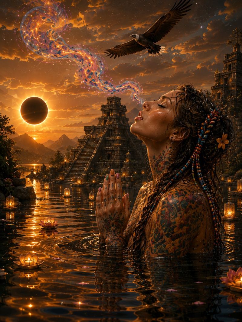 Woman water eagle sun temple sky clouds mountains lamps flowers tattoos praying sunset reflection nature fantasy dreamlike spirituality a woman with tattoos is standing in a body of water, her hands clasped in prayer. She has long, wet hair adorned with beads and a flower. Behind her, a large, ancient stone pyramid is partially submerged in the water, with floating lanterns illuminating the scene. An eagle soars above, and the sky is filled with vibrant, swirling colors. The sun is setting, casting a warm glow over the entire scene, and the water reflects the light and colors beautifully.