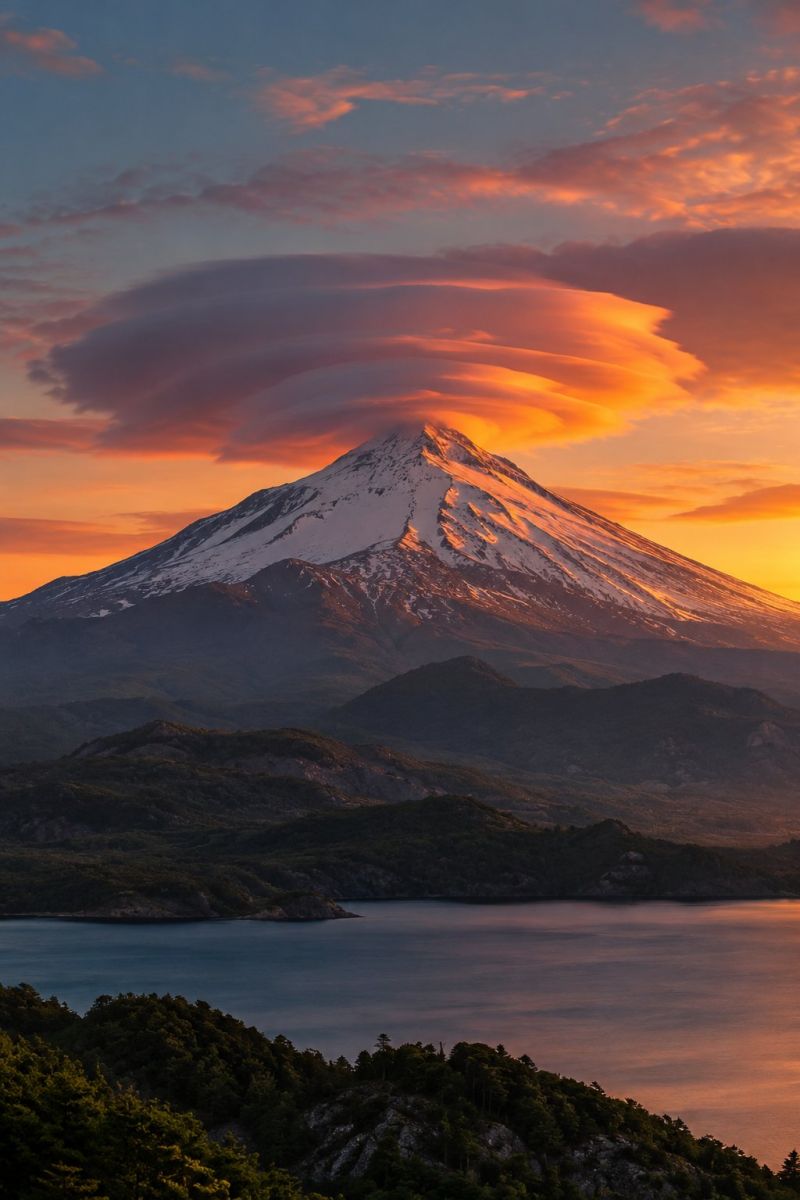 Nuage lenticulaire volcan image photographie magnifique prise précise montrant les méfaits sauvage des activités humaines sur la biodiversité sur la nuage lenticulaire volcan