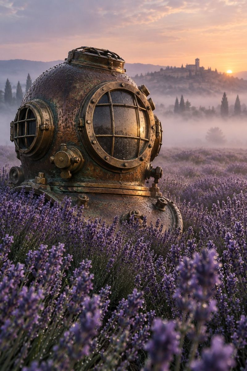 Helmet field flowers mist mountain nature outdoors plant scenic sky sunset tree vintage water wildlife abandoned beauty An old, rusted diving helmet sits in the middle of a lavender field. The helmet has a large, round viewport with a smaller circular window on the side. The lavender flowers are in full bloom, with their purple petals visible. The sky is a mix of orange and pink, indicating either sunrise or sunset. In the background, there are hills and a castle-like structure, with trees and a foggy atmosphere.