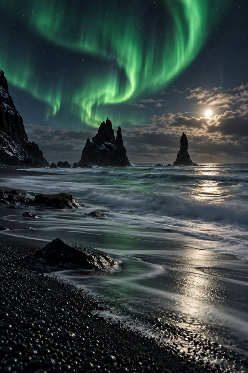 Nuit ciel aurore roche mer eau lune nuage montagne rochers formation rivage falaise plage littoral L'image capture une scène nocturne époustouflante avec les aurores boréales, ou aurores boréales, illuminant le ciel dans des tons verts éclatants. Les aurores boréales dansent dans le ciel, créant un spectacle fascinant et éthéré. La lune est visible, projetant une douce lueur sur le paysage. La scène se déroule sur un rivage rocheux parsemé de rochers sombres et déchiquetés et d'une plage de sable noir. Les vagues de l'océan clapotent doucement le rivage, reflétant la lumière du ciel. Au loin, on aperçoit deux formations rocheuses proéminentes, dont l'une présente un sommet pointu caractéristique. Le ciel est d'un bleu profond, parsemé d'étoiles, et il y a quelques nuages éparpillés un peu partout.