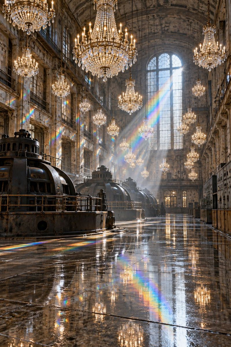 Ces interior interieur architecture building batiment reflection reflexion rainbow arc ciel ceiling plafond crystal cristal chandelier lustre crystals Grande salle historique avec un haut plafond orné de nombreuses lustres. Ces lustres sont conçus de manière complexe avec du cristal et du métal, diffusant une lumière chaude et dorée dans tout l'espace. La salle dispose d'un long et large plancher qui semble humide, reflétant les lustres et créant un effet scintillant. Au centre de la salle, il y a de grandes machines d'aspect industriel, peut-être d'anciens générateurs ou turbines, avec des balustrades et des tuyaux en métal. La lumière du soleil pénètre par une grande fenêtre, créant un effet arc-en-ciel sur le sol humide et les murs. Les murs sont bordés de fenêtres en arc et d'éléments décoratifs, ajoutant à la grandeur de la salle. L'atmosphère générale est un mélange d'élégance historique et de machines industrielles.