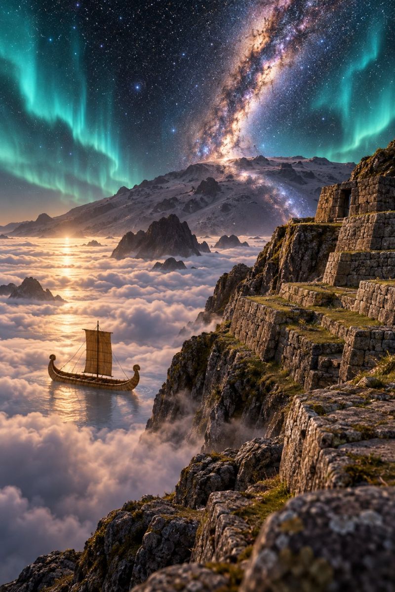 Bateau nuage falaise nuages montagne rocher ciel eau aurore nuit mer soleil lever coucher brouillard rochers falaises montagnes Une ancienne structure en pierre avec des marches et des terrasses se dresse sur une falaise surplombant une vaste vallée remplie de nuages. Un petit bateau traditionnel avec une voile flotte sur les nuages, illuminé par le soleil couchant. Le ciel au-dessus est un spectacle à couper le souffle de la galaxie de la Voie lactée et d'aurores vertes vibrantes. La scène se déroule sur fond de montagnes enneigées et d'une nuit étoilée claire.