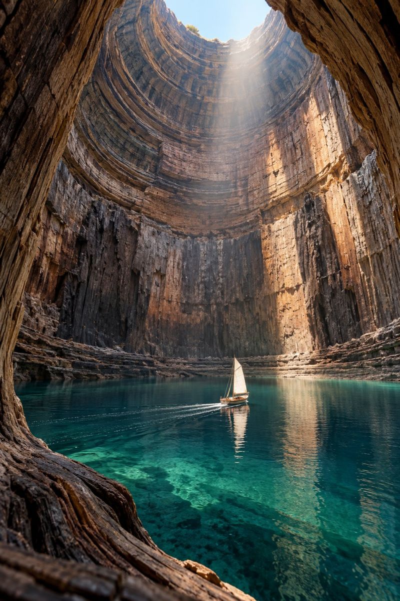 Bateau grotte falaise falaises jour profondeur distance Un voilier navigue dans les eaux cristallines d'une profonde grotte circulaire. Les parois de la grotte sont robustes et stratifiées, la lumière du soleil venant d'en haut illumine la scène. L'eau est d'un bleu profond, reflétant le ciel et les formations rocheuses environnantes. Le reflet du bateau danse à la surface de l'eau, ajoutant à l'atmosphère sereine et pittoresque.