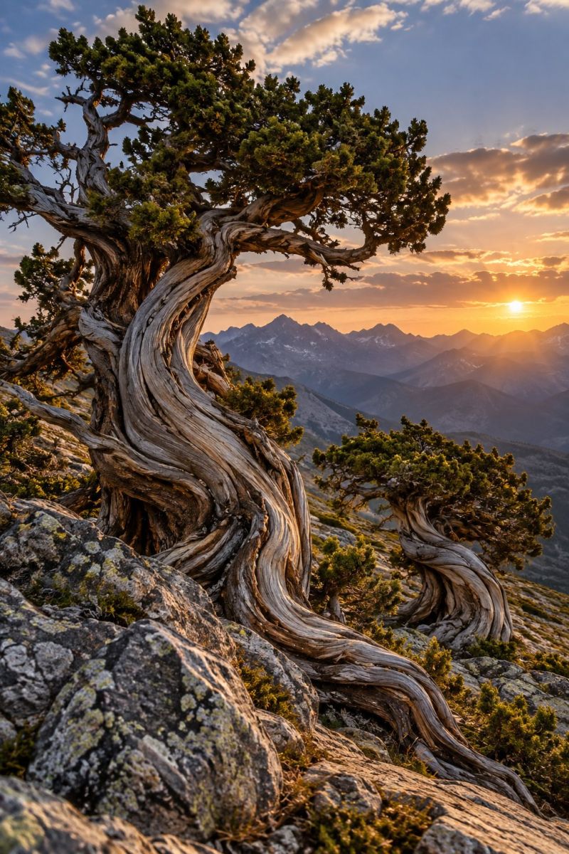 Mountain sky tree rock nature sunset cloud hill forest rocky outdoors valley pine range mountains A large, twisted tree with gnarled branches stands prominently on a rocky mountain slope. The tree's trunk and branches are covered in green foliage, and it appears to be growing out of the rocks. The sun is setting in the background, casting a warm, golden light over the scene. The sky is a mix of blue and orange hues, with clouds scattered across it. In the distance, a range of mountains is visible, their peaks bathed in the soft glow of the setting sun.
