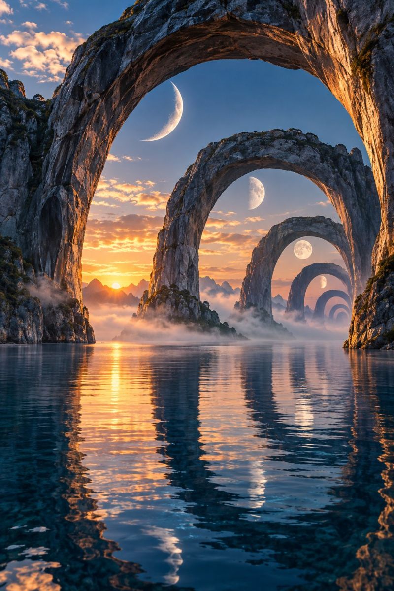 Eau coucher soleil lune ciel reflet nuages nature arche brume roche rochers formation falaise rivage surface mur paysage serein et surréaliste avec un grand plan d'eau au centre. L'eau est calme et reflète le ciel et les éléments environnants. Sur le côté gauche, il y a de grandes formations rocheuses avec une structure naturelle en forme d'arche, laissant entrevoir le ciel au-dessus. Le ciel est un mélange de teintes bleues et oranges, indiquant un coucher de soleil ou un lever de soleil. Trois croissants de lune sont visibles dans le ciel, chacun étant placé derrière les arches rocheuses. Le premier plan représente le reflet du ciel et des formations rocheuses à la surface de l'eau. L'ensemble de la scène a une qualité onirique, mélangeant des éléments naturels avec une touche de fantaisie.