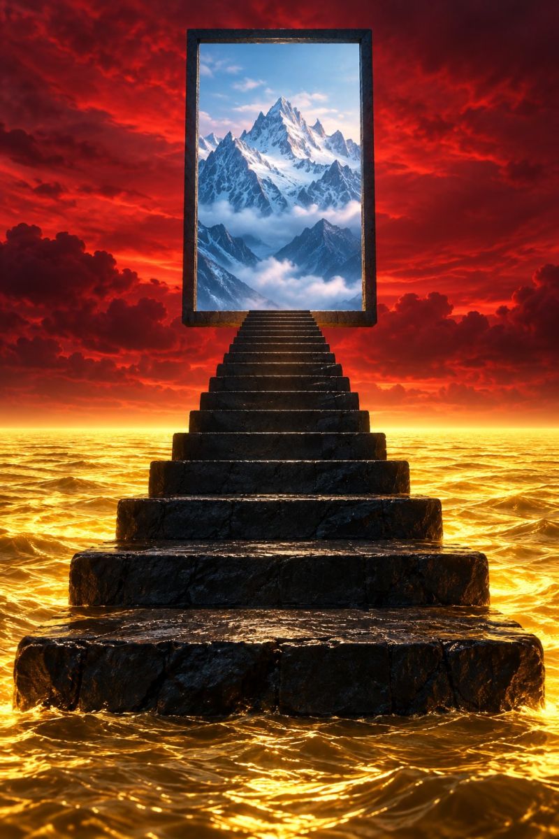 Montagne ciel eau nuage coucher soleil nuages mer ocean colline Un escalier fait de marches en pierre mène à une grande porte ouverte. La porte est encadrée par une bordure sombre et mène à une scène représentant une chaîne de montagnes enneigée avec des sommets couverts de neige. Le ciel au-dessus des montagnes est bleu avec quelques nuages. L'arrière-plan de l'image est un ciel rouge et orange spectaculaire avec des nuages, créant un contraste saisissant avec le bleu et le blanc froids de la scène de montagne. L'eau au pied de l'escalier est sombre et semble s'écouler doucement.