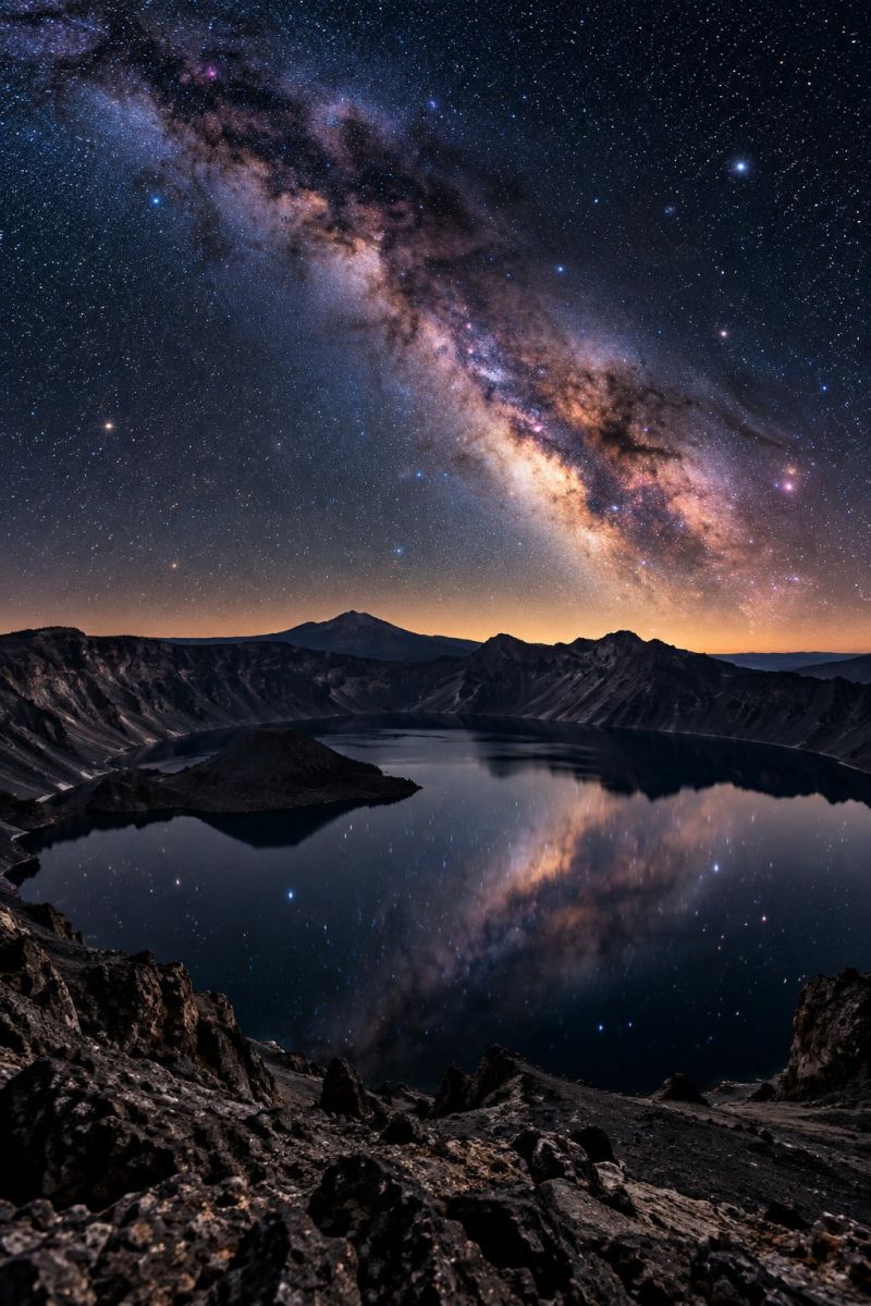 Voie lactee lac volcanique image photographie magnifique prise précise montrant les méfaits sauvage des activités humaines sur la biodiversité sur la voie lactee lac volcanique
