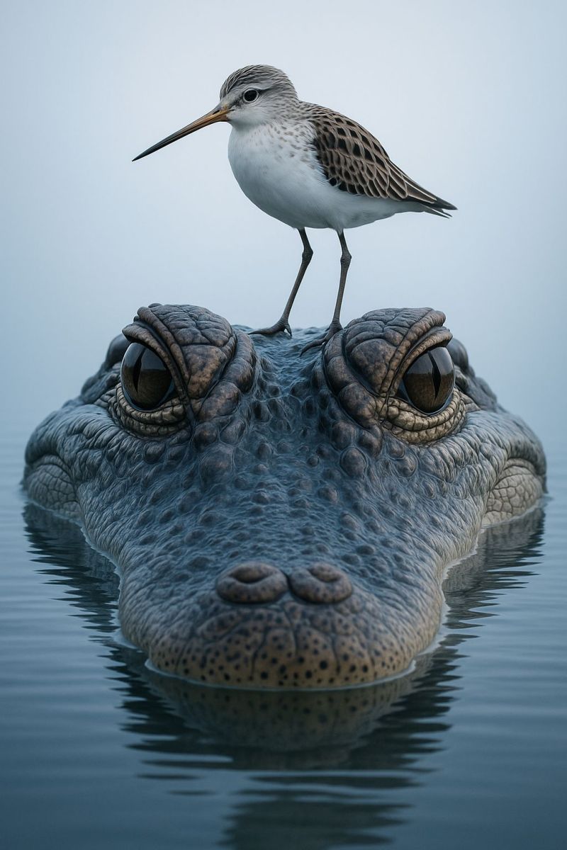 Oiseau crocodile oeil plume pied grenouille tete jambe lezard mammifere bouche nez reptile becasseau ecaille peau marais queue eau Un oiseau avec un long bec fin se tient sur la tête d'un grand alligator texturé flottant dans l'eau calme. Les yeux de l'alligator sont grands ouverts, fixant directement le spectateur, et sa peau est rugueuse et écailleuse. L'oiseau semble être un bécasseau, avec un mélange de plumes brunes et blanches. Le ciel au-dessus est clair et bleu, sans nuages visibles.