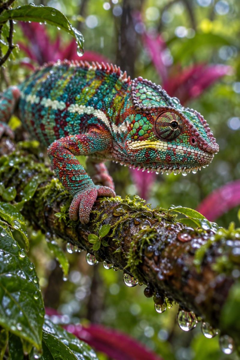 Reptile lezard cameleon faune nature animal air foret jungle arbre branche feuille eau pluie humide vert echelle Un caméléon vibrant à la peau multicolore et texturée est perché sur une branche recouverte de mousse dans une forêt verdoyante. La peau du caméléon présente un mélange de bleus, de verts, de rouges et de jaunes, avec des motifs complexes et une surface texturée. Ses yeux sont grands et expressifs, avec un iris annelé caractéristique. Le corps du caméléon est enroulé autour de la branche et sa queue est également enroulée autour de la branche. L'arrière-plan est un flou de feuilles vertes et de fleurs roses, avec des gouttelettes d'eau suspendues aux feuilles, indiquant une pluie récente.