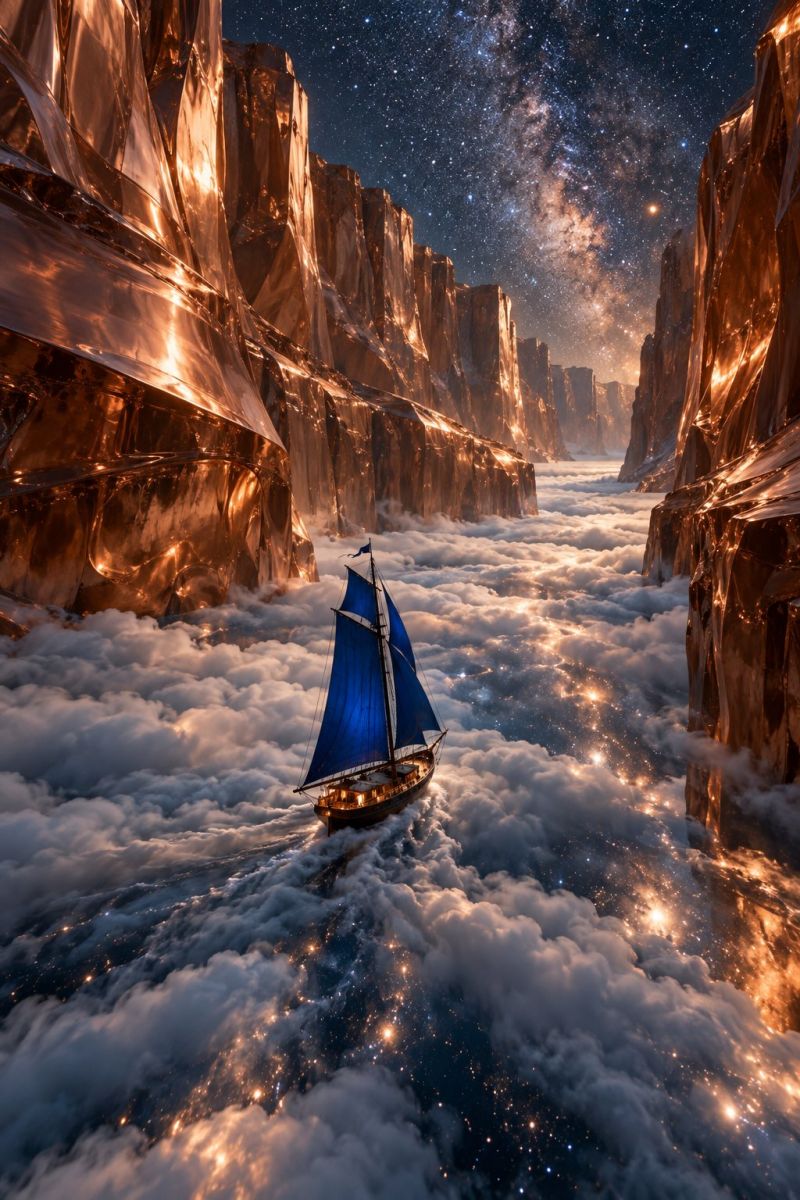 Bateau nuage nuages croisiere eau voile nuit heure etoiles ciel montagnes galaxie Un petit voilier à la voile bleue traverse un paysage surréaliste. Le bateau est entouré de nuages épais et moelleux qui semblent flotter dans les airs. Le ciel au-dessus est d'un bleu profond, parsemé d'étoiles et d'une Voie lactée faiblement brillante. De chaque côté du bateau, d'imposantes falaises cuivrées s'élèvent brusquement, leurs surfaces reflétant la lumière des étoiles et des lanternes du bateau. La scène est baignée d'une lumière douce et éthérée qui crée une atmosphère onirique.