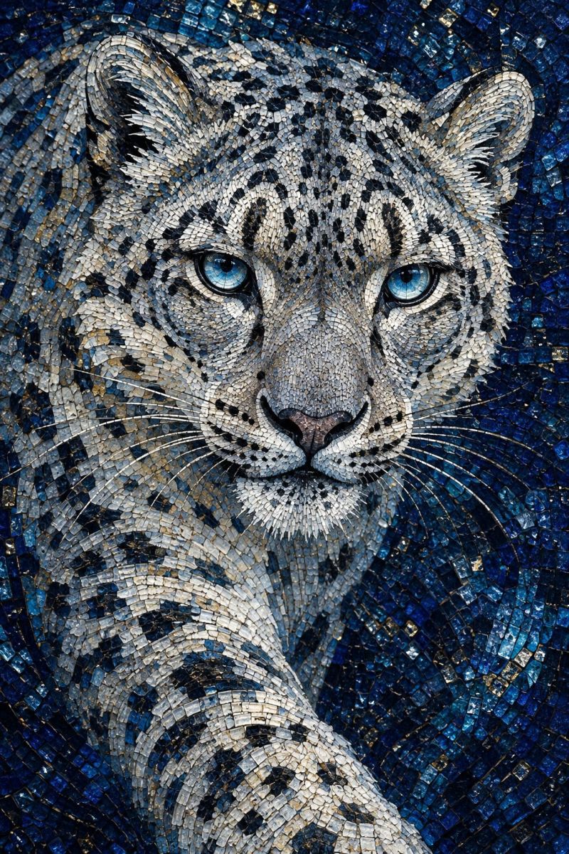 Animal bleu chat gros artisanat decoration decoratif design oeil felin fourrure regard illustration détaillée en mosaïque d'un léopard des neiges. Le visage du léopard est mis en évidence, avec des yeux bleus saisissants qui semblent regarder directement le spectateur. La fourrure est représentée de manière complexe à l'aide de petits carreaux soigneusement placés qui imitent le motif naturel de taches et de rayures du léopard. Le fond de la mosaïque est d'un bleu profond, avec des carreaux bleus et dorés supplémentaires qui ajoutent de la profondeur et de la texture. L'effet global est à la fois réaliste et artistique, mettant en valeur la beauté et la majesté du léopard des neiges à travers l'art de la mosaïque.