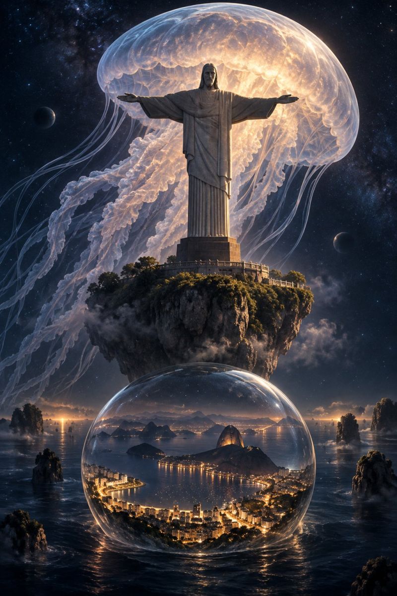 Statue bresil christ jesus christianisme religion foi sculpture architecture nature ocean mer ile montagne ciel nuit redempteur rio janeiro scène surréaliste avec l'emblématique statue du Christ Rédempteur de Rio de Janeiro debout sur une falaise rocheuse, entourée d'une grande structure rougeoyante ressemblant à une méduse. La statue est représentée les bras tendus et la méduse possède de longues vrilles fluides qui semblent flotter dans les airs. Sous la statue, il y a une grande bulle transparente flottant dans l'eau, montrant un paysage urbain avec des bâtiments illuminés et une montagne en arrière-plan. Le ciel est sombre, avec des étoiles et une lune visibles, créant une atmosphère mystique et surnaturelle.