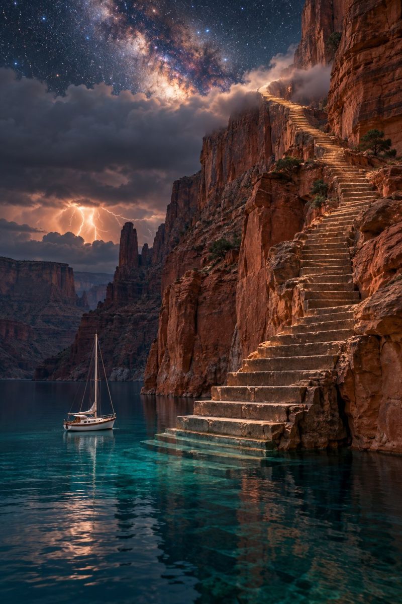 Montagne eau ciel nuage nuit foudre rocher bateau mer nuageux tempete obscurite nuages ocean colline montagnes marin falaise cascade un voilier flotte sur un plan d'eau calme de couleur turquoise. L'eau reflète le ciel et les nuages au-dessus. Sur la droite, une série de marches en pierre sont sculptées dans le flanc d'une falaise abrupte, menant au sommet. La falaise est accidentée et rocheuse, avec un peu de verdure visible. Le ciel est d'un bleu profond, rempli d'étoiles et d'une Voie lactée brillante et brillante. Un éclair éclaire au loin, ajoutant une touche dramatique à la scène.