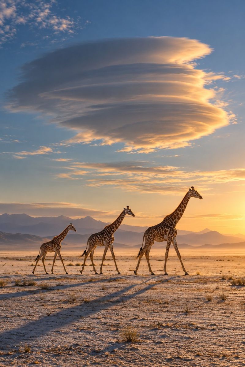 Trois girafes nuage lenticulaire image photographie magnifique prise précise montrant les méfaits sauvage des activités humaines sur la biodiversité sur la trois girafes nuage lenticulaire