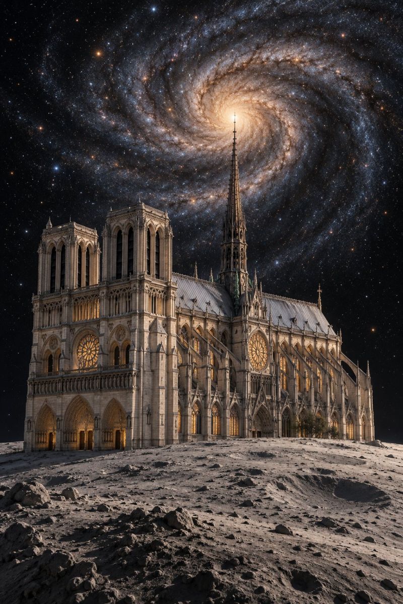 Cathedral architecture night sky space galaxy moon building spire window arch gothic medieval illumination astronomy cosmos universe celestial grand cathedral set against a back of a spiral galaxy. The cathedral, with its intricate Gothic architecture, features a tall central spire and two large towers at the front. The building is illuminated by warm, golden light emanating from its windows, casting a glow on the surrounding lunar landscape. The moon's surface is rocky and dotted with craters, creating a stark contrast with the cathedral's architectural details. The sky is filled with stars and the spiral galaxy, adding a sense of cosmic wonder to the scene.
