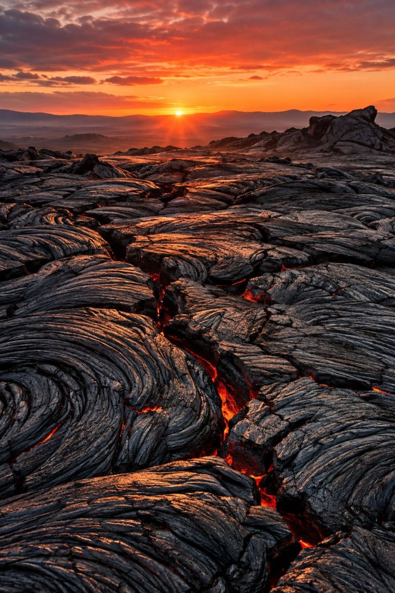 Lave volcan eruption activite roche champ tube grotte systeme exploration aventure geologie tourisme L'image montre un coucher de soleil spectaculaire sur un paysage accidenté de coulées de lave solidifiée. Le ciel est inondé de teintes chaudes d'orange, de rose et de violet, le soleil se couchant à l'horizon, projetant une lueur dorée sur la scène. Le premier plan est dominé par un réseau complexe de formations de lave tordues, fissurées et pliées, dont certaines brillent encore sous l'effet de la chaleur de la roche en fusion. La lave apparaît dans différentes nuances de noir, de gris et d'orange, certaines zones présentant des signes de refroidissement et de durcissement. Au loin, on aperçoit une série de collines ou de montagnes dont les contours sont adoucis par la lumière qui s'estompe. L'atmosphère générale est celle d'une nature brute et indomptée, où les jeux d'ombre et de lumière créent une sensation de profondeur et de texture.